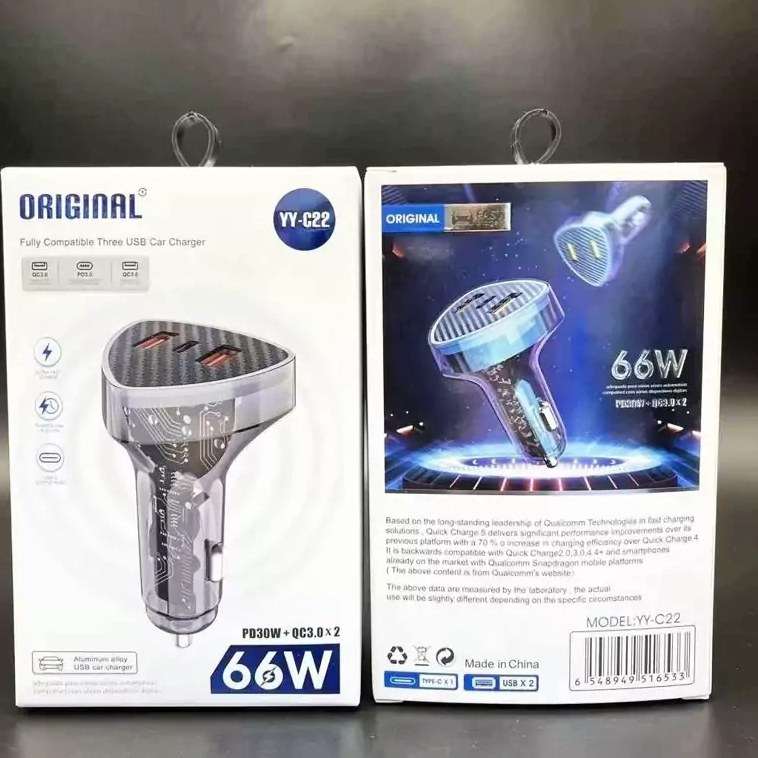شارژر فندکی سه پورت YY-C22 با توان خروجی 66 وات
